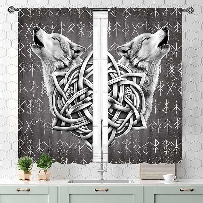 Viking Curtains, Gothic Nordic Wolf Celtic Rune Scandinavian Viking Runes Norse Mythology Aesthetic Retro Drapery for Bedroom Living Room Bathroom Window 2 Panel Set, 55x39 Inch