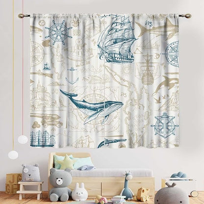 Vintage Nautical Curtains, Marine Coastal Sailboat Compass Anchor Ocean Beach Whale Old Pirate Map Decorative Drapes for Bedroom Living Room Kitchen Bathroom Window 2 Panels Set, 63"x63" Inch