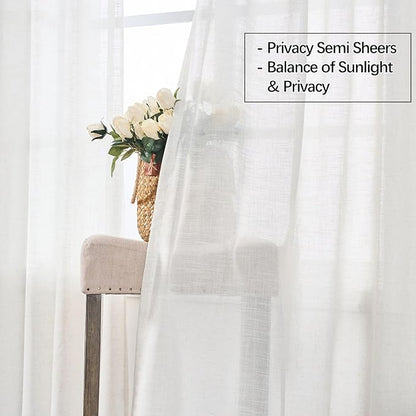 Neutral Linen Semi Sheer Curtains 90 Inches Long, Cream Textured Light Filtering Drapes for Living Room, Modern Farmhouse Window Decor, Privacy Pinch Pleat Curtain with Hooks