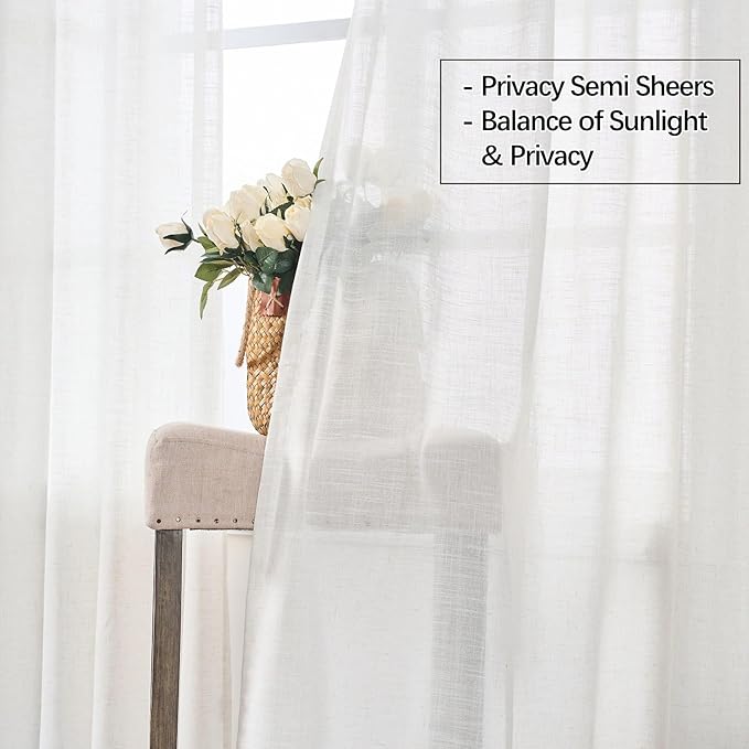 Neutral Linen Semi Sheer Curtains 108 Inches Long, Cream Textured Light Filtering Drapes for Living Room, Modern Farmhouse Window Decor, Floor to Ceiling Pinch Pleat Curtain with Hooks