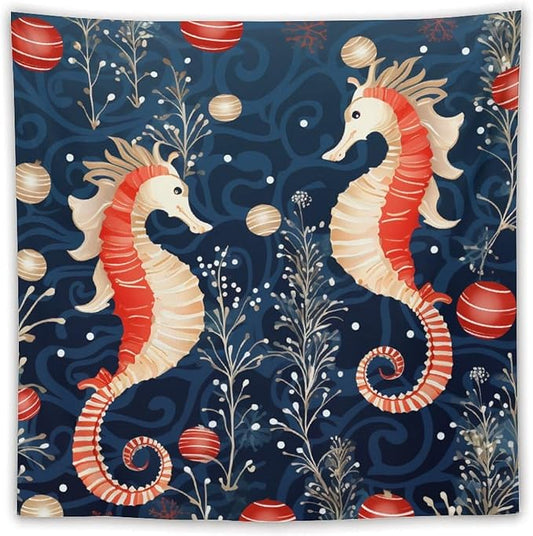 MaSiledy Seahorse Christmas Kiss Beach Tapestries Ocean Theme Tapestry Vintage Aesthetic Tapestries Landscape Tapestry for Bedroom Colorful Wall Hanging Aesthetic Wall Art For Room Decor 60"x60"