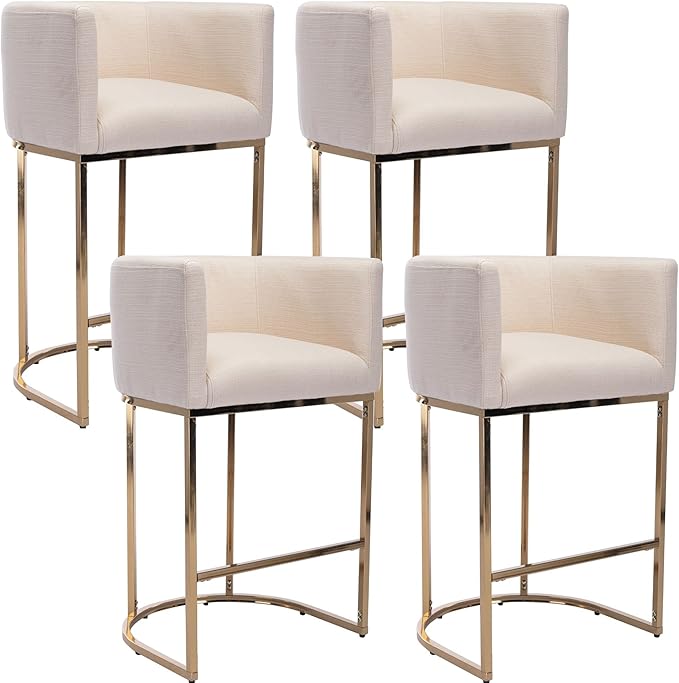 Modern Counter Height Linen Upholstered Bar Stools Set of 4, 29" Kitchen Counter Island Stools Bar Chairs with Gold Metal Frame for Kitchen Island, Cream