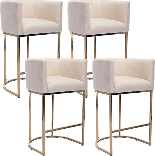 Modern Counter Height Linen Upholstered Bar Stools Set of 4, 29" Kitchen Counter Island Stools Bar Chairs with Gold Metal Frame for Kitchen Island, Cream