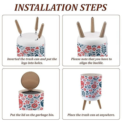Small Trash Can with Lid Scandinavian Folk Art Seamless Birds Flowers spirng Happy Garbage Bin Pet Proof Waste Basket for Kitchen Bathroom Office Bedroom Decorative 1.8 Gallon