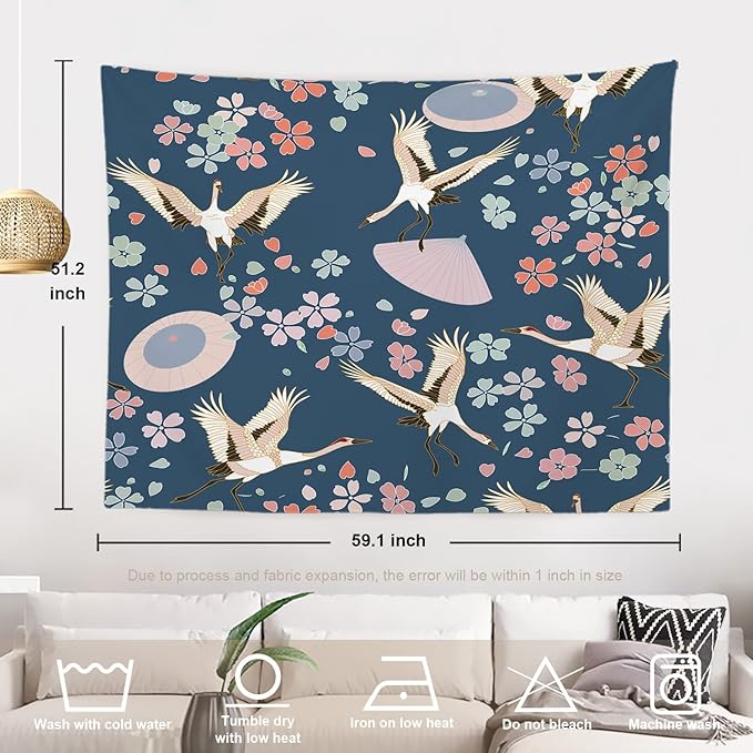 Batmerry Navy Blue Japanese Cherry Tapestry,Oriental Wall Art Hanging Decoration Polyester Fiber White Ruffled Around for Dorm Room Bedroom Living Room, 51.2x59.1 inches