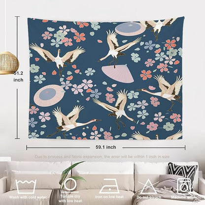 Batmerry Navy Blue Japanese Cherry Tapestry,Oriental Wall Art Hanging Decoration Polyester Fiber White Ruffled Around for Dorm Room Bedroom Living Room, 51.2x59.1 inches