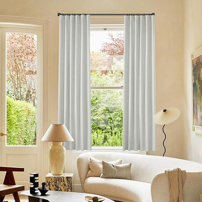 KangBang Blackout Window Curtain Panels 72 Inches Long for Bedroom, Linen Textured Energy Efficient Nordic Light Grey Back Tab Drapes, Blocks 100% Light for Dining Room(Greyish White,52x72,2 Panels)