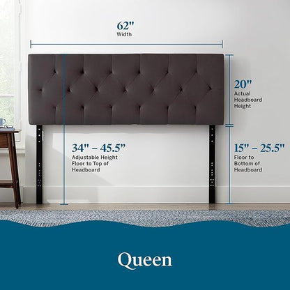 Lucid Mid-Rise Upholstered Headboard - Diamond Tufted - Padded Polyester - Adjustable Height from 34” to 46” - Easy Assembly - Bed Frame or Wall Mount - Sturdy - Charcoal - Queen Size