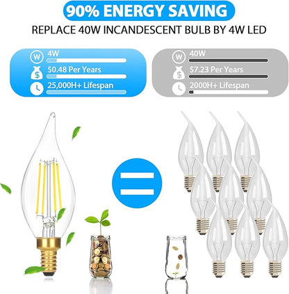 E12 Candelabra LED Light Bulbs, Dimmable 40 Watt Equivalent 5000K Bright Daylight White Candle Bulbs, 4W 460 LM Decorative CA10 Filament Chandelier Lamp Base for Bedroom Living Room Office, 12-Pack