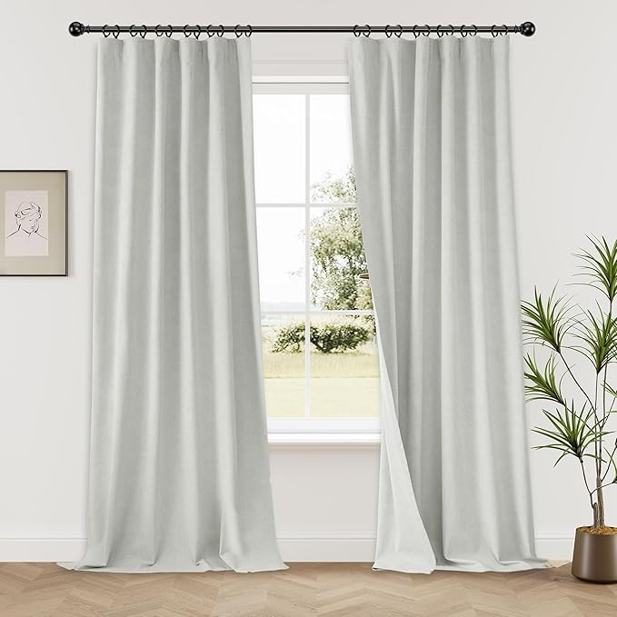 Greyish White 100% Blackout Linen Curtains for Living Room 2 Panels Set, Loop Pocket Back Tab Neutral Light Gray Tones Linen Textured Curtains for Hall Large Windows 9 FT,52Wx108L, Greyish White