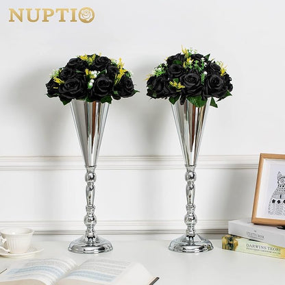 NUPTIO Black Roses Artificial Flowers Pcs of 10 Fake Flower Bouquet Black Hydrangea Flowers Artificial, 15 Heads Fake Roses with Base, Real Looking Black Artificial Flowers (Black)