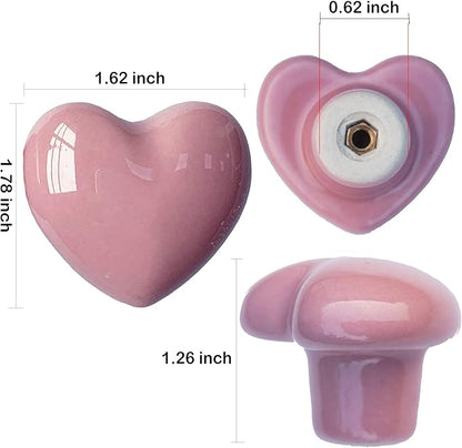 Ceramic Drawer Knobs Heart Shape Cabinet Dresser Pulls Handles with 3 Sized Screws, Kitchen Furniture Knobs for Closet Cupboard Wardrobe (10 Pack, Pink)
