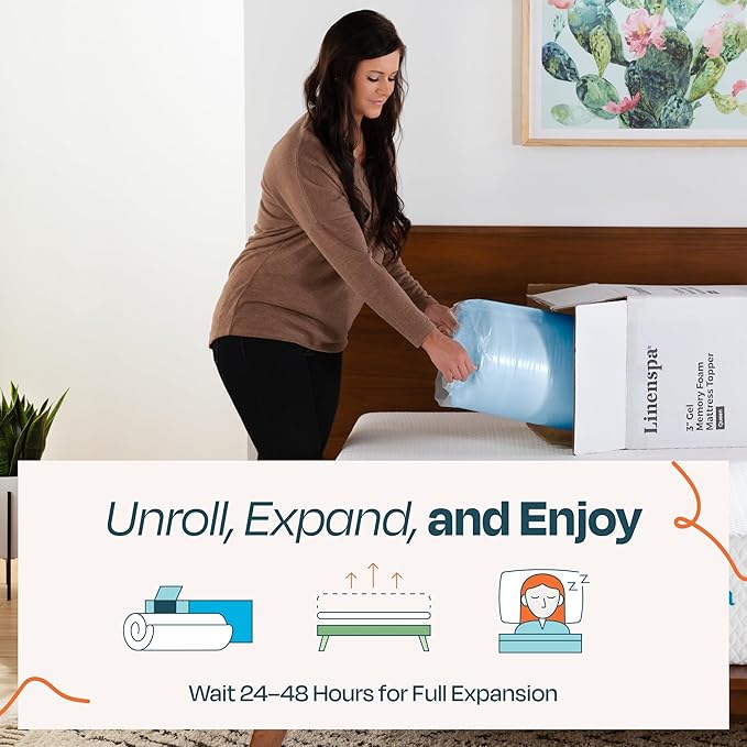 LINENSPA Memory Foam Mattress Topper - 2 Inch Gel Infused Memory Foam - Plush Feel - Cooling and Pressure Relieving - CertiPUR Certified - Dorm Room Essentials - Full XL Size