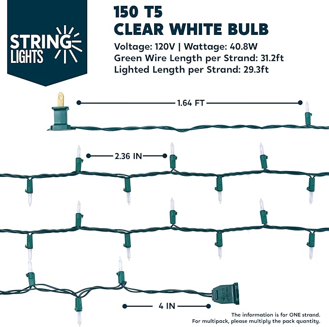 Joiedomi Clear Christmas String Lights Indoor,150 Count Mini Warm White Fairy Light,31.2FT Lighting Decor for Patio Dorm Classroom Bedroom Holiday Wedding Party Garland Birthday Festival,Green Wire