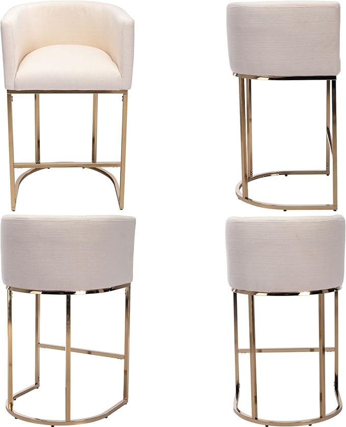 Modern Counter Height Linen Upholstered Bar Stools Set of 3, 29" Kitchen Counter Island Stools Bar Chairs with Gold Metal Frame for Kitchen Island, Cream