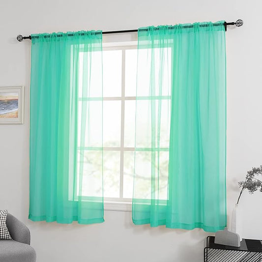 HUTO Window Sheer Turquoise Curtains for Bedroom Rod Pocket Voile Sheer Drapes for Living Room 2 Panels Curtains Each is 52 inches Wide by 63 inches Long