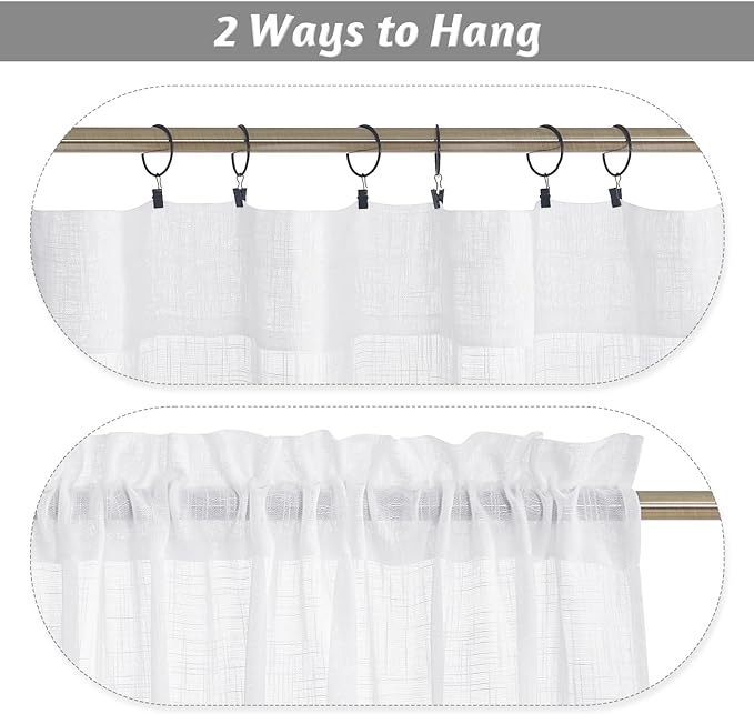 RYB HOME Semi Sheer Curtains 63 inches Length, Short Linen Textured Breathable Curtains Panels for Bay Window Farmhouse, Rod Pocket, Indoor, White, 52 x 63 Inch Length 2 Panels