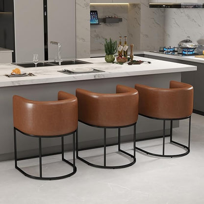 Modern Counter Height PU Leather Upholstered Bar Stools Set of 3, 24" Kitchen Counter Island Stools Bar Chairs with Black Metal Frame, Brown