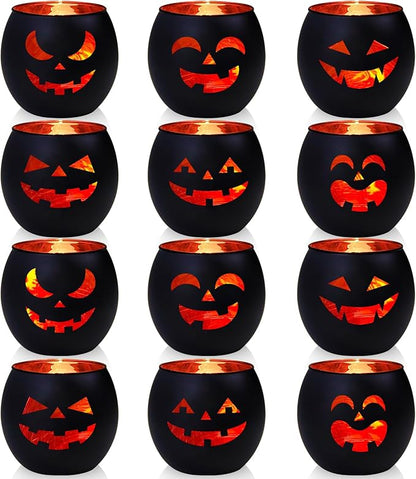 SHMILMH Halloween Table Centerpiece Candle Holders Set of 12, Black and Gold Glass Votive Holder with 6 Grimace, Tealight Holders Bulk for Halloween Party D?or