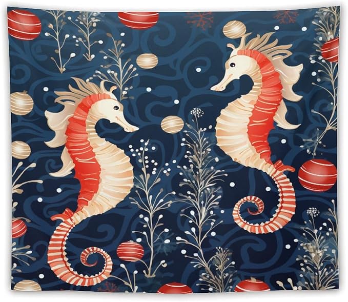 Tapestry Seahorse Christmas Kiss Beach Tapestry Aesthetic Vintage Ocean Seahorse Tapastry's Wall Hanging Wall Tapestry for Dorm Living Room Landscape 50"x60" Tapestries Winter Snowflake Decorative