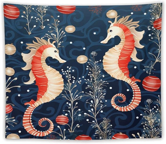 Tapestry Seahorse Christmas Kiss Beach Tapestry Aesthetic Vintage Ocean Seahorse Tapastry's Wall Hanging Wall Tapestry for Dorm Living Room Landscape 50"x60" Tapestries Winter Snowflake Decorative