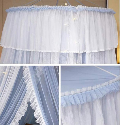 VETHIN Princess Bed Canopy for Girls,Bed Canopy Curtain- Double Layer Sheer Mesh Dome Bed Curtain- Round Lace Princess Mosquito Net Tent with led Stars String Lights(Light Gray/White1)