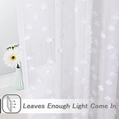 MYSKY HOME White Sheer Short Curtains with Pom Pom for Small Windows Bedroom Nursery Kids Girls Room Curtains Cafe Kitchen Light Filtering Boho Drapes, Rod Pocket,52 x 54 Inches, 2 Panels
