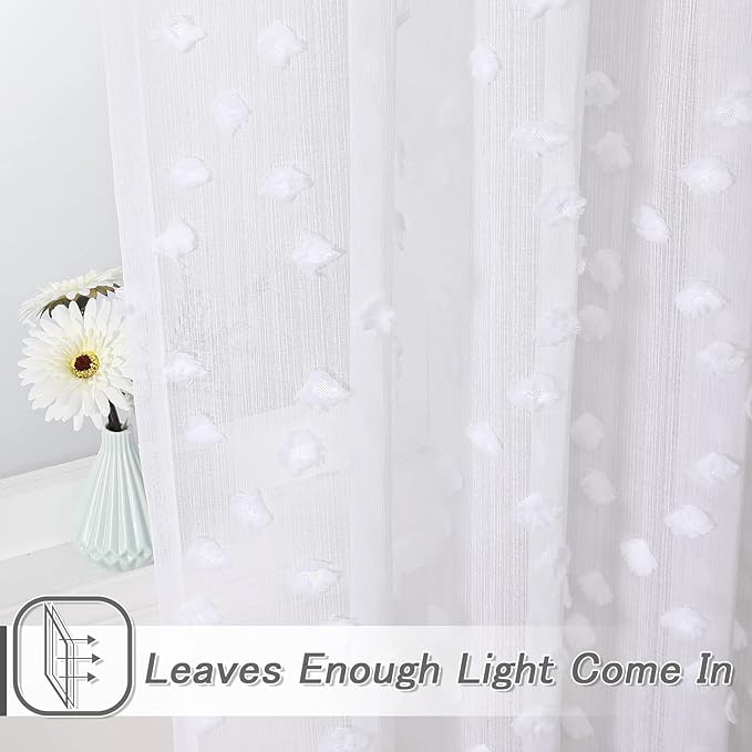 MYSKY HOME White Sheer Short Curtains with Pom Pom for Small Windows Bedroom Nursery Kids Girls Room Curtains Cafe Kitchen Light Filtering Boho Drapes, Rod Pocket,38 x 45 Inches, 2 Panels