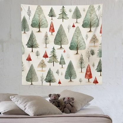 Wall Tapestries Vintage Christmas Tree Watercolor Tapestry Happy New Year Bedroom Tapestries Wall Hanging Decor Tapestry for Bedroom Aesthetic Alt Room 60"x60" Tapestries Winter Snowflake Decorative