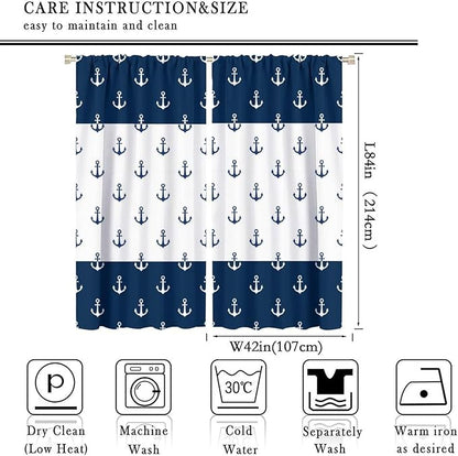 Anchor Pattern Curtains, Nautical Theme Navy Blue White Anchor Sea Life Adventure Print Blackout Window Treatments for Living Room Boys Men's Bedroom 84x84in