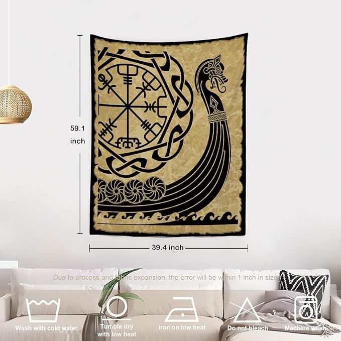 Batmerry Vikings Ancient Scandinavian Tapestry,Warship Boat Old Ancient Sea Wall Art Hanging Decoration Polyester Fiber White Ruffled Around for Dorm Room Bedroom Living Room, 59.1x39.4 inches