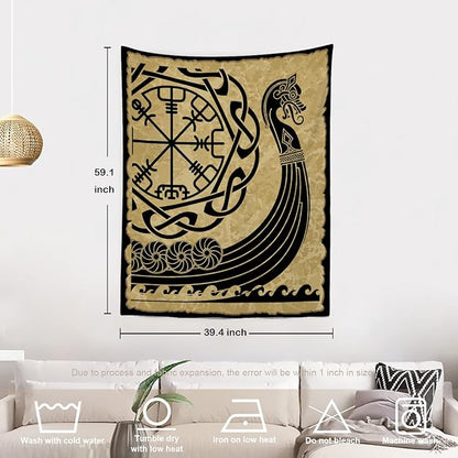 Batmerry Vikings Ancient Scandinavian Tapestry,Warship Boat Old Ancient Sea Wall Art Hanging Decoration Polyester Fiber White Ruffled Around for Dorm Room Bedroom Living Room, 59.1x39.4 inches