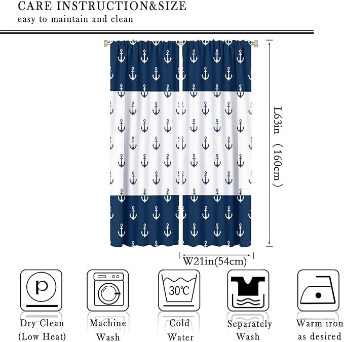 Anchor Pattern Curtains, Nautical Theme Navy Blue White Anchor Sea Life Adventure Print Blackout Window Treatments for Living Room Boys Men's Bedroom 42x63in