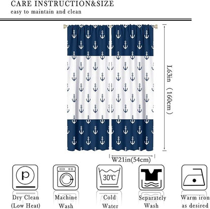 Anchor Pattern Curtains, Nautical Theme Navy Blue White Anchor Sea Life Adventure Print Blackout Window Treatments for Living Room Boys Men's Bedroom 42x63in