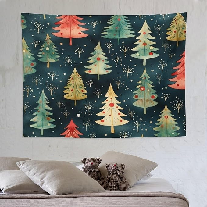MaSiledy Vintage Christmas Tree Watercolor Tapestry As Wall Art Xmas Rustic Winter Holiday Vintage Aesthetic Tapestry Wall Hanging Landscape Tapestry Home Decoration for Living Room Bedroom 60"x80"