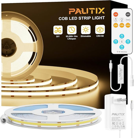 PAUTIX COB LED Strip Light 32.8ft,Engineering Level UL Listed Warm White 3000K,CRI93+ Super Bright High Lumen,Dimmable 24V Flexible LED Tape Light with RF Remote,for Cabinets,Home&Office DIY Lighting