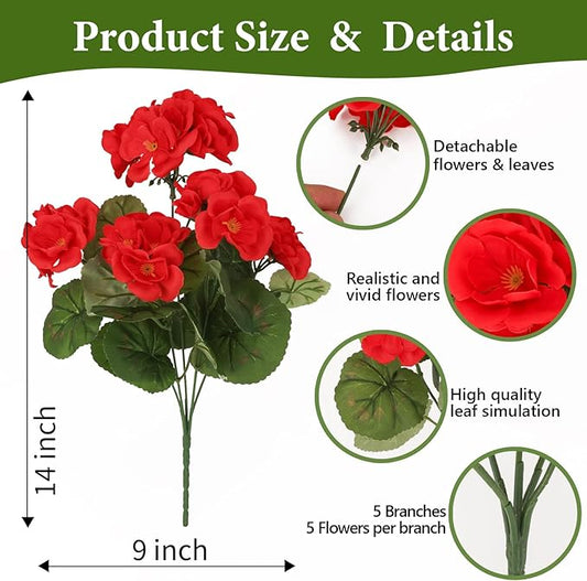 NESCCI 16 Pack Artificial Geranium Flowers for Outdoors UV Resistant Artificial Flowers Silk Geranium Fake Flowers Faux Flower for Outdoor Planters Garden Plants Window Sill Courtyard Home Decor(Red)