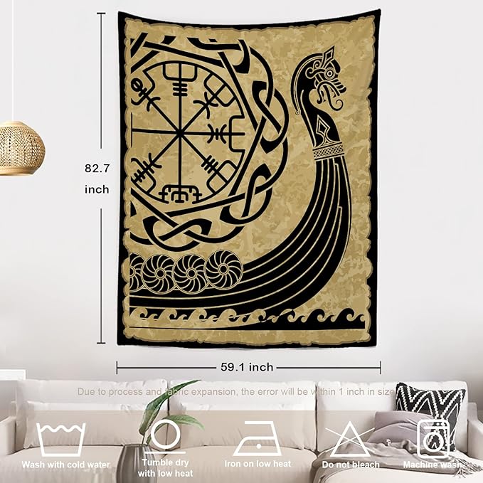 Batmerry Vikings Ancient Scandinavian Tapestry,Warship Boat Old Ancient Sea Wall Art Hanging Decoration Polyester Fiber White Ruffled Around for Dorm Room Bedroom Living Room, 82.7x59.1 inches