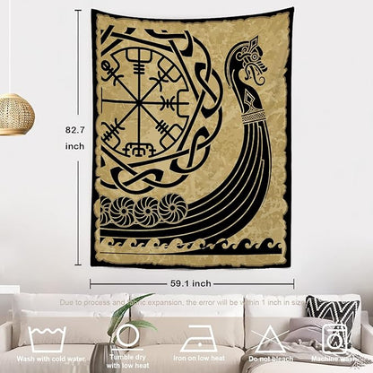 Batmerry Vikings Ancient Scandinavian Tapestry,Warship Boat Old Ancient Sea Wall Art Hanging Decoration Polyester Fiber White Ruffled Around for Dorm Room Bedroom Living Room, 82.7x59.1 inches