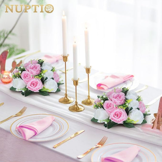 NUPTIO Pcs of 2 Fake Flower Ball Arrangement Bouquet,15 Heads Plastic Roses with Base, Suitable for Our Store's Wedding Centerpiece Flower Rack for Parties Valentine's Day Home Décor (Pink & White)