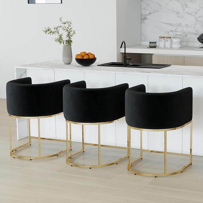 Modern Counter Height Velvet Upholstered Bar Stools Set of 3, 24" Kitchen Counter Island Stools Bar Chairs with Gold Metal Frame for Kitchen Island, Black