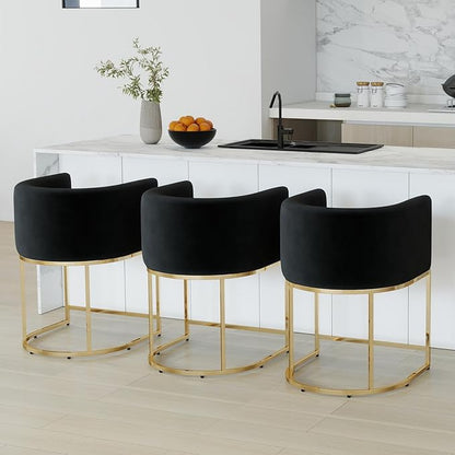 Modern Counter Height Velvet Upholstered Bar Stools Set of 3, 24" Kitchen Counter Island Stools Bar Chairs with Gold Metal Frame for Kitchen Island, Black