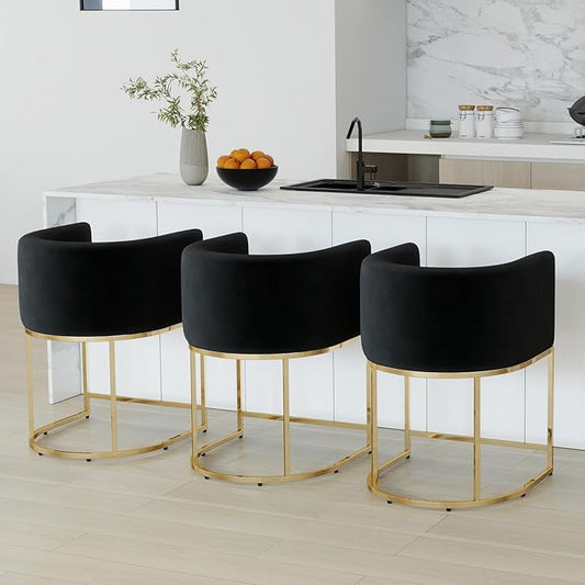 Modern Counter Height Velvet Upholstered Bar Stools Set of 3, 24" Kitchen Counter Island Stools Bar Chairs with Gold Metal Frame for Kitchen Island, Black