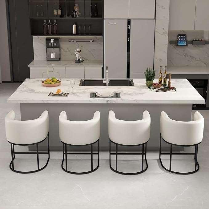 Modern Counter Height PU Leather Upholstered Bar Stools Set of 4, 24" Kitchen Counter Island Stools Bar Chairs with Black Metal Frame, White
