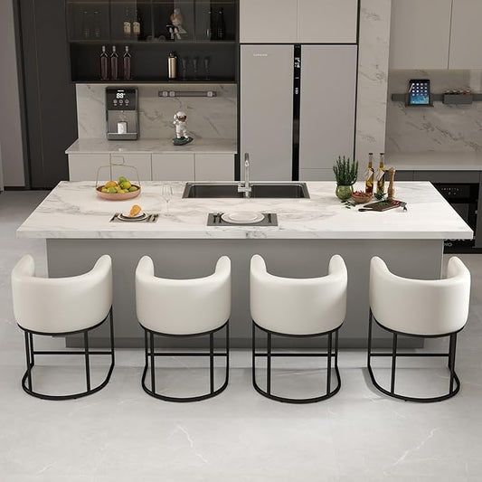 Modern Counter Height PU Leather Upholstered Bar Stools Set of 4, 24" Kitchen Counter Island Stools Bar Chairs with Black Metal Frame, White