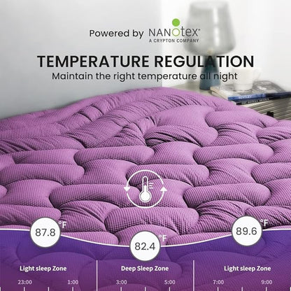 SLEEP ZONE Cooling Mattress Topper Twin XL for College Dorm, Premium Zoned Quilted Mattress Pad, Fitted Mattress Protector Cover Washable, Deep Pocket 8-21 inch, Purple, Twin XL