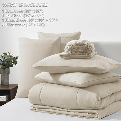 CozyLux Queen Comforter Set Oatmeal, 7 Pieces Bed in a Bag, Oatmeal Comforter Queen Size, All Season Bedding Sets with Stitch Quilted Comforter, Flat Sheet, Fitted Sheet, Pillowcases