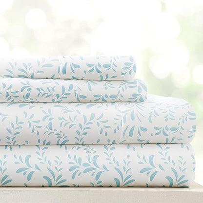 Linen Market 4 Piece King Sheet Set - Breathable, Double-Brushed Patterned Cooling Sheets – Oeko-TEX Certified Ultra Soft & Wrinkle-Free 16" Deep-Pocket King Sheets - Easy Care Burst of Vines Blue