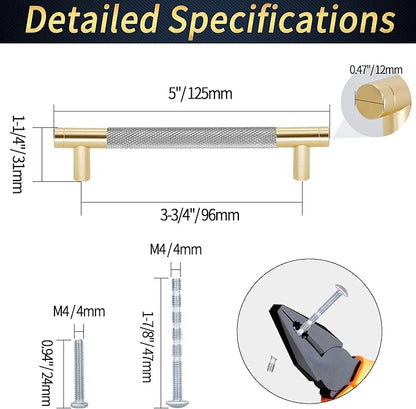 Knurled Cabinet Pulls 6 Pack, 5 Inch Long Cabinet Handles Metal Door Pulls, Kitchen Drawer Pull Knurled Dresser Handles - 3 3/4" Hole to Hole, Grey & Gold