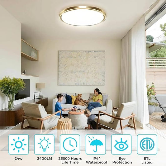 zemty 2Pack LED Ceiling Light Fixture, 6.5-Inch 12W 1200lm Small Flush Mount Light, Adjustable 3000K 4000K 6500K Color Temperatures, Round Flat Recessed Lamp for Kitchen Closet Hallway Laundry, Gold